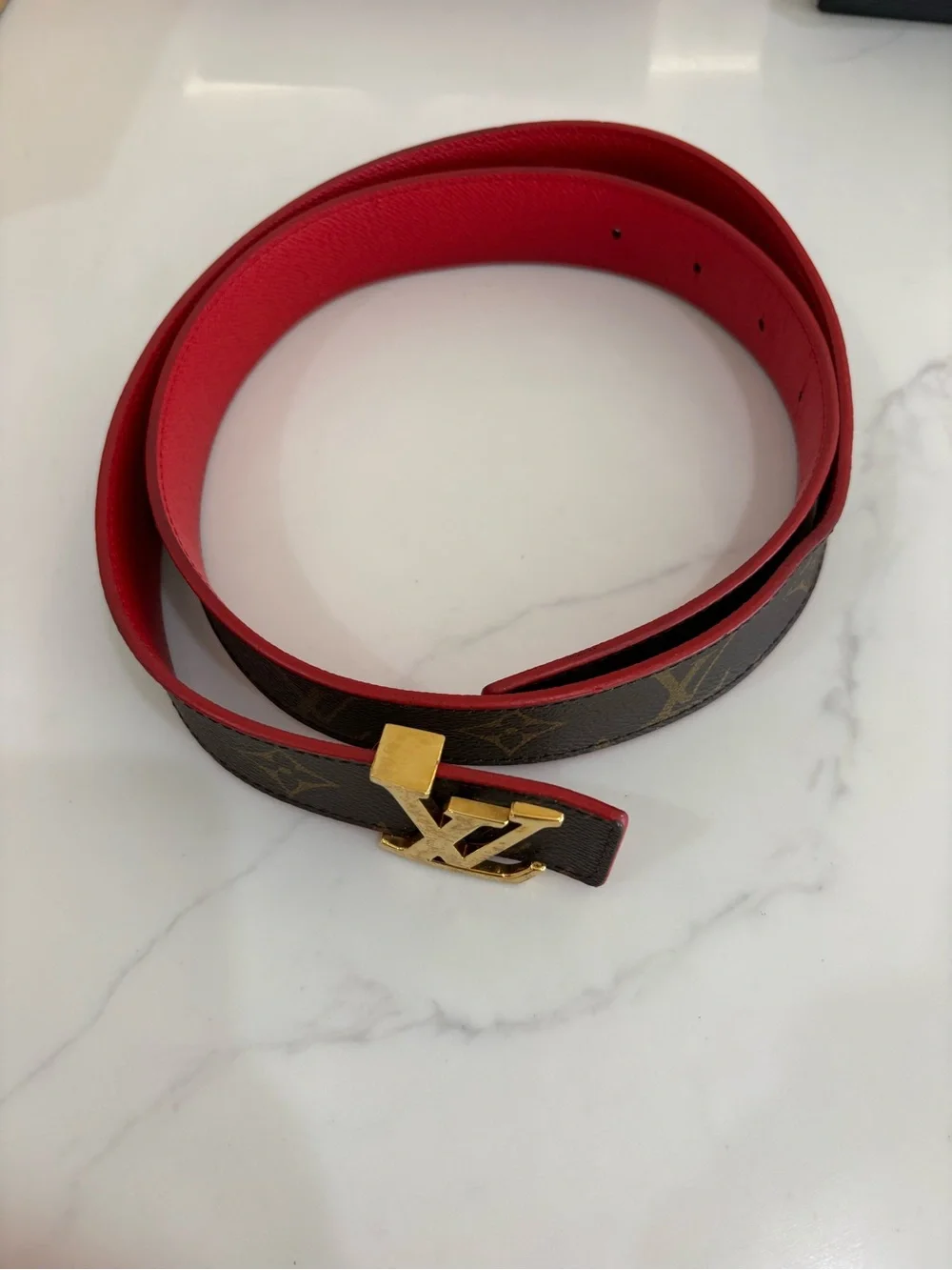 Louis Vuitton Brown Monogram Belt with Red Interior and Gold Buckle